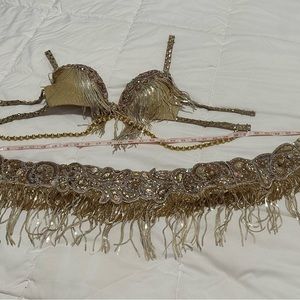 Professional Gold Belly Dance Costume for Women, 2 Pcs Bra+belt (small)
